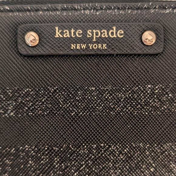 Kate Spade Large Leather Zippy Wallet Black w/Silver Glitter Stripes - Picture 2 of 7